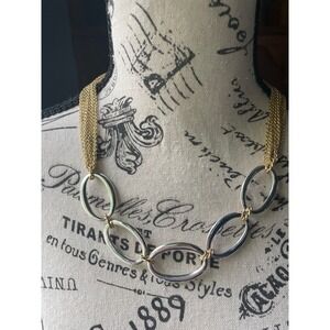 Pink Linen Mixed Metal Statement Necklace Silver Gold Tone Oval Link Mesh Chain
